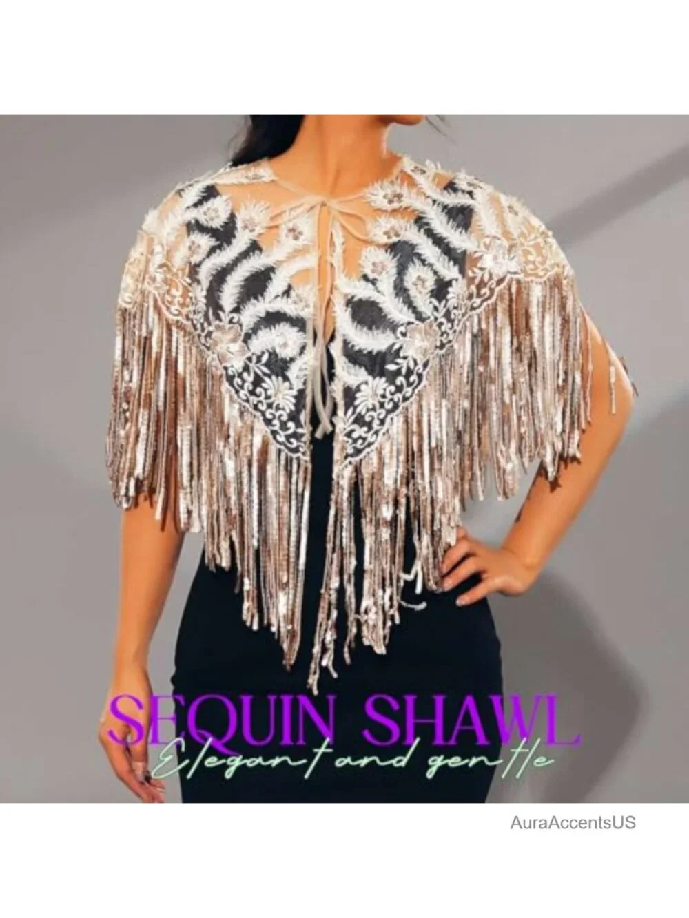 Sequin Fringe Shawl Wrap 1920s Floral Lace Evening Wedding Cape Chiffon